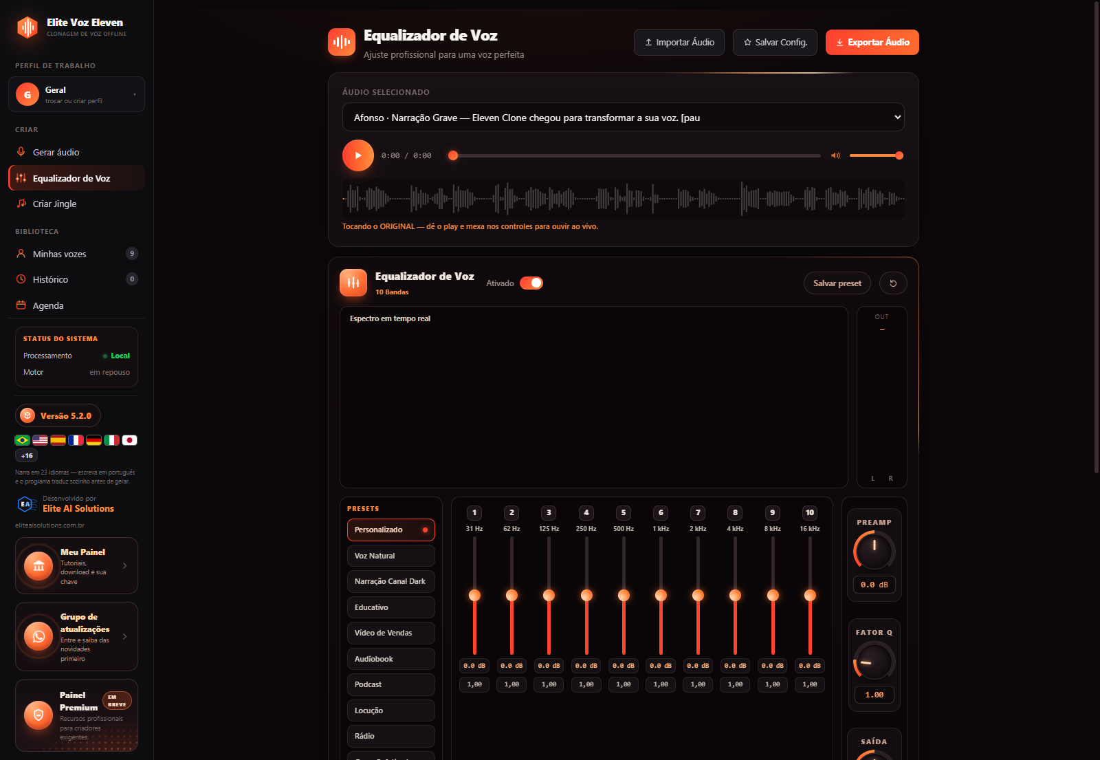 Equalizador de Voz — 10 bandas com espectro em tempo real, presets de estúdio e medidores L/R